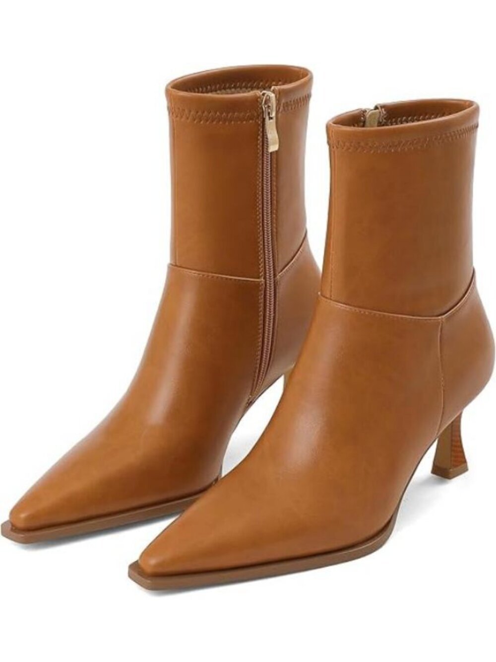 Women's Fall Boots with Side Zip Ankle Pointed Toe Kitten Heel Light Brown